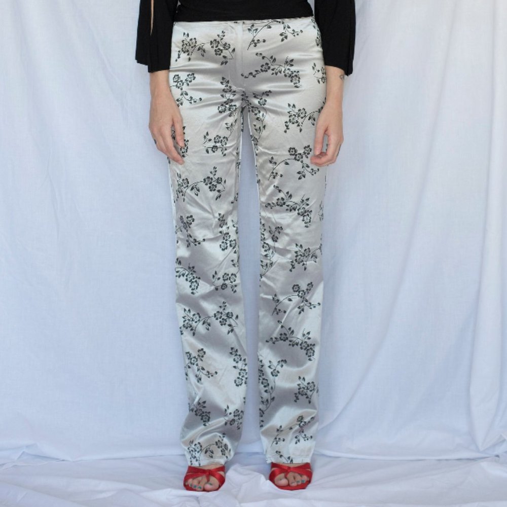 Y2K Silver Satin Flared Pants with Black Flowers